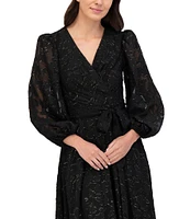 Eliza J Clip Chiffon V-Neck Long Balloon Sleeve Tie Waist Midi Dress