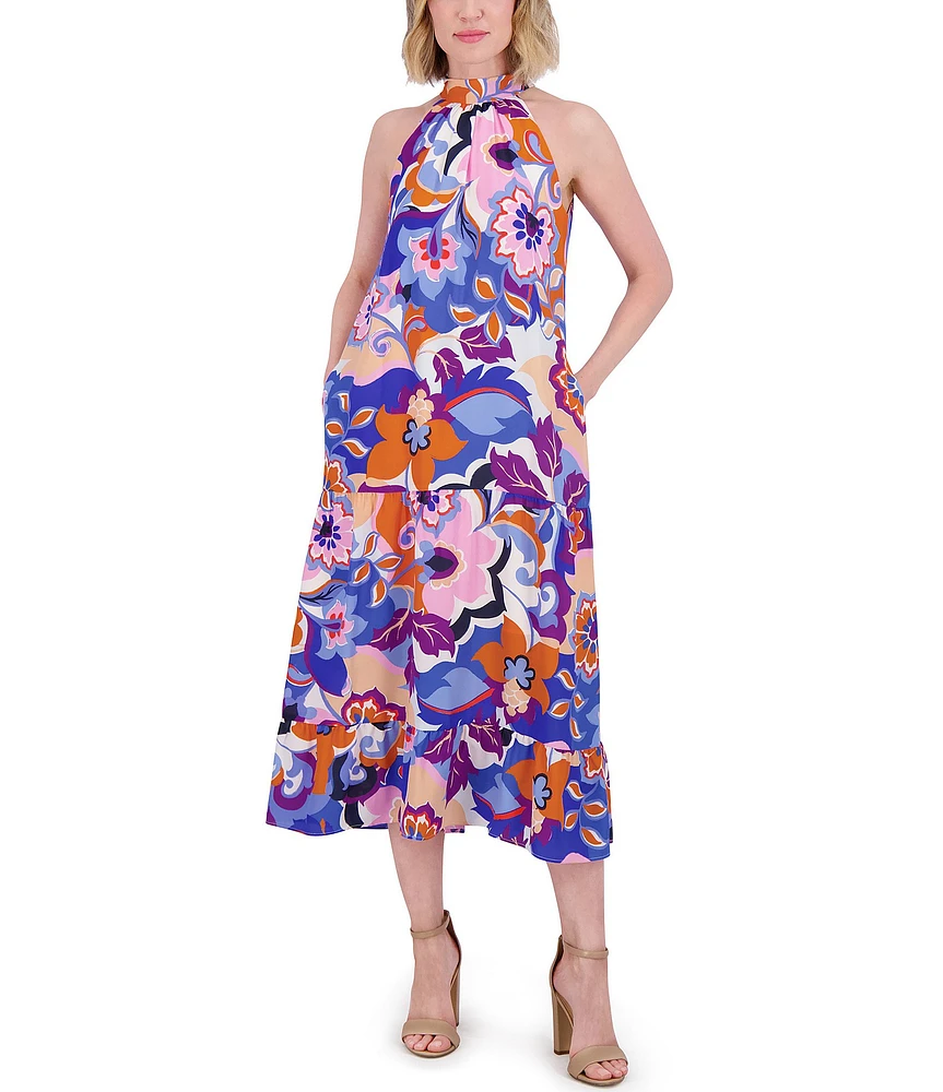 Eliza J Crepe Floral Print Halter Neck Sleeveless Sheath Midi Dress