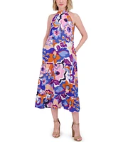 Eliza J Crepe Floral Print Halter Neck Sleeveless Sheath Midi Dress