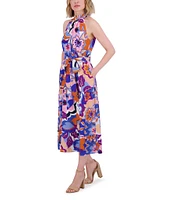 Eliza J Crepe Floral Print Halter Neck Sleeveless Sheath Midi Dress