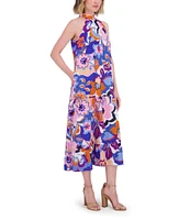 Eliza J Crepe Floral Print Halter Neck Sleeveless Sheath Midi Dress