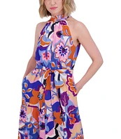 Eliza J Crepe Floral Print Halter Neck Sleeveless Sheath Midi Dress