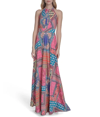 Eliza J Crepe Scarf Print Halter Neck Sleeveless Sheath Maxi Dress
