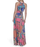 Eliza J Crepe Scarf Print Halter Neck Sleeveless Sheath Maxi Dress