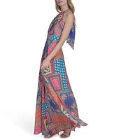Eliza J Crepe Scarf Print Halter Neck Sleeveless Sheath Maxi Dress