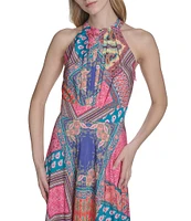 Eliza J Crepe Scarf Print Halter Neck Sleeveless Sheath Maxi Dress