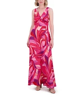 Eliza J Crepe Swirl Print V Neck Sleeveless Sheath Maxi Dress