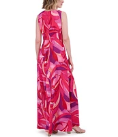 Eliza J Crepe Swirl Print V Neck Sleeveless Sheath Maxi Dress