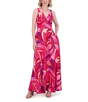 Eliza J Crepe Swirl Print V Neck Sleeveless Sheath Maxi Dress