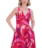 Eliza J Crepe Swirl Print V Neck Sleeveless Sheath Maxi Dress