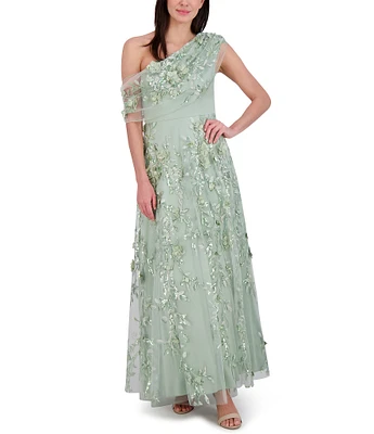 Eliza J Embroidered 3D Floral Print One-Shoulder Neck Sleeveless Caplet A-Line Gown