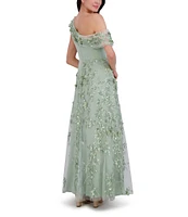 Eliza J Embroidered 3D Floral Print One-Shoulder Neck Sleeveless Caplet A-Line Gown