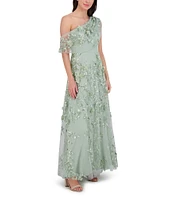 Eliza J Embroidered 3D Floral Print One-Shoulder Neck Sleeveless Caplet A-Line Gown