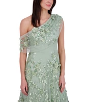 Eliza J Embroidered 3D Floral Print One-Shoulder Neck Sleeveless Caplet A-Line Gown