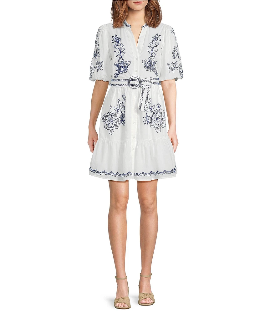 Eliza J Embroidered Cotton Floral Print Split V Neck Short Sleeve A-Line Mini Dress