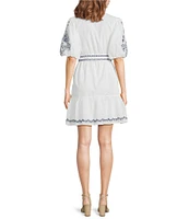 Eliza J Embroidered Cotton Floral Print Split V Neck Short Sleeve A-Line Mini Dress