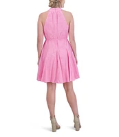 Eliza J Embroidered Cotton Split V Halter Neck Sleeveless Tie Waist Button Front Mini Shirtdress