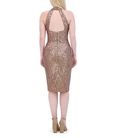 Eliza J Embroidered Sequin Mock Halter Neck Sleeveless Open Back Dress