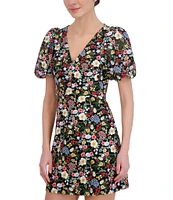 Eliza J Embroidered V-Neck Short Puff Sleeve Fit and Flare Dress