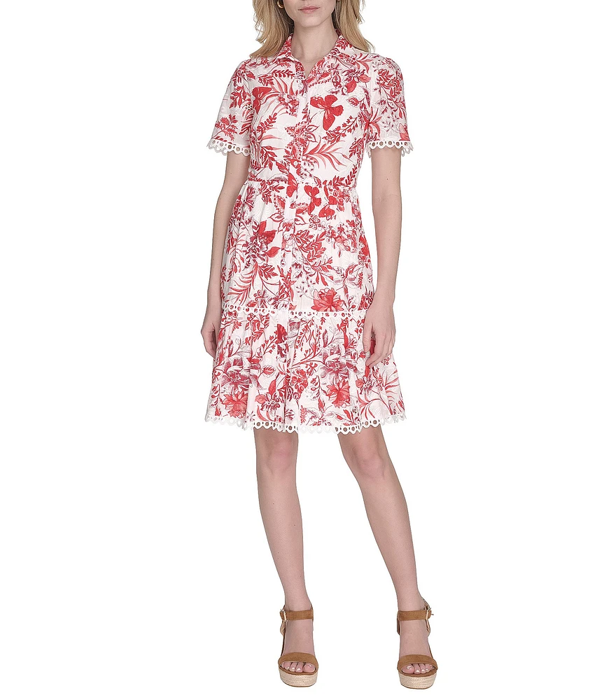 Eliza J Eyelet Floral Print Point Collar Neck Short Sleeve Button Front Shirt Dress