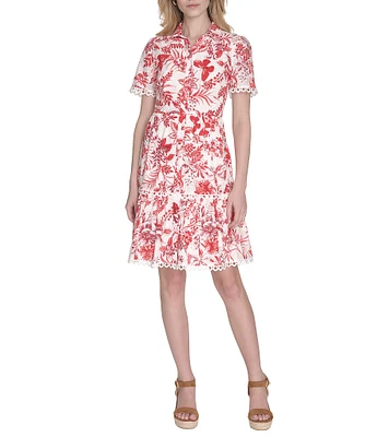 Eliza J Eyelet Floral Print Point Collar Neck Short Sleeve Button Front Shirt Dress