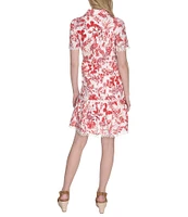 Eliza J Eyelet Floral Print Point Collar Neck Short Sleeve Button Front Shirt Dress