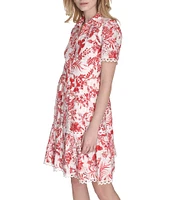 Eliza J Eyelet Floral Print Point Collar Neck Short Sleeve Button Front Shirt Dress