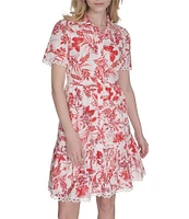 Eliza J Eyelet Floral Print Point Collar Neck Short Sleeve Button Front Shirt Dress