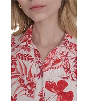 Eliza J Eyelet Floral Print Point Collar Neck Short Sleeve Button Front Shirt Dress
