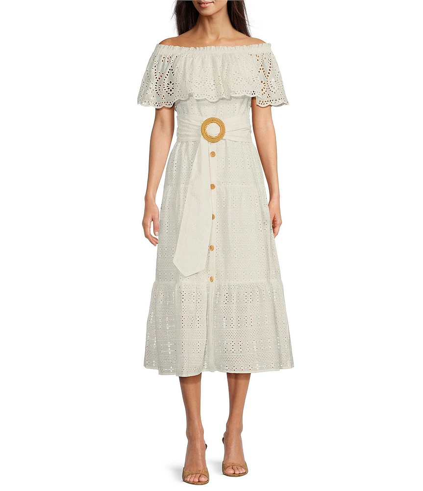 Eliza J Eyelet Strapless Neck Short Sleeve Belted A-Line Midi Dress
