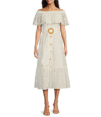 Eliza J Eyelet Strapless Neck Short Sleeve Belted A-Line Midi Dress
