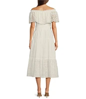 Eliza J Eyelet Strapless Neck Short Sleeve Belted A-Line Midi Dress