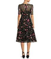 Eliza J Floral Embroidered Lace Illusion Boat Neck Short Sleeve Fit and Flare Midi Dress