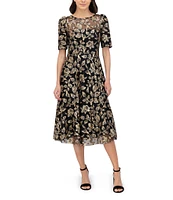 Eliza J Floral Embroidered Sequin Illusion Boat Neck Short Sleeve Full Dress