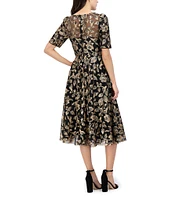 Eliza J Floral Embroidered Sequin Illusion Boat Neck Short Sleeve Full Dress