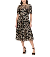 Eliza J Floral Embroidered Sequin Illusion Boat Neck Short Sleeve Full Dress