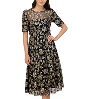 Eliza J Floral Embroidered Sequin Illusion Boat Neck Short Sleeve Full Dress