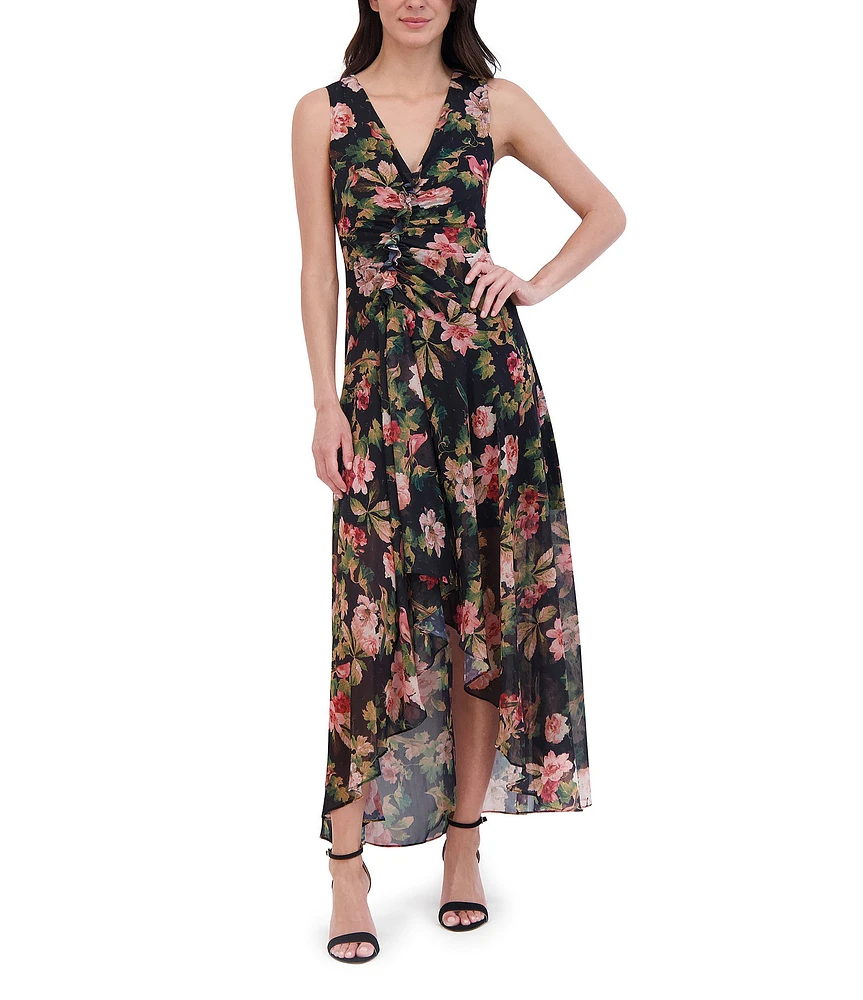 Eliza J Floral Metallic Clip Chiffon V-Neck Sleeveless Ruched High Low Midi Dress