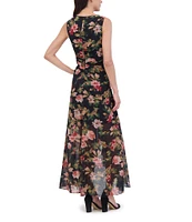 Eliza J Floral Metallic Clip Chiffon V-Neck Sleeveless Ruched High Low Midi Dress