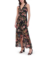 Eliza J Floral Metallic Clip Chiffon V-Neck Sleeveless Ruched High Low Midi Dress