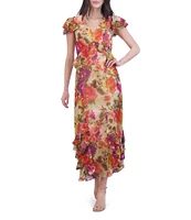 Eliza J Floral Print Metallic Clip Chiffon V-Neck Short Flutter Sleeve Tiered Maxi Dress