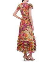 Eliza J Floral Print Metallic Clip Chiffon V-Neck Short Flutter Sleeve Tiered Maxi Dress