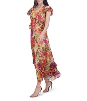 Eliza J Floral Print Metallic Clip Chiffon V-Neck Short Flutter Sleeve Tiered Maxi Dress