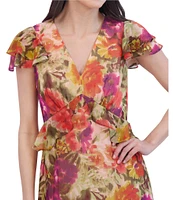 Eliza J Floral Print Metallic Clip Chiffon V-Neck Short Flutter Sleeve Tiered Maxi Dress