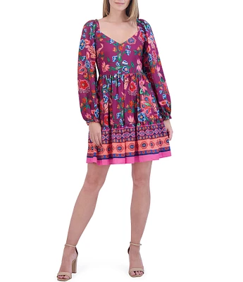 Eliza J Floral Print V-Neck Long Balloon Sleeve Tiered Mini Dress