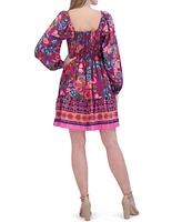 Eliza J Floral Print V-Neck Long Balloon Sleeve Tiered Mini Dress