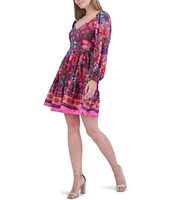 Eliza J Floral Print V-Neck Long Balloon Sleeve Tiered Mini Dress