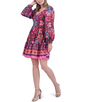 Eliza J Floral Print V-Neck Long Balloon Sleeve Tiered Mini Dress