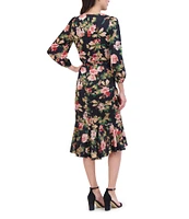 Eliza J Floral Satin V-Neck Long Sleeve High Low Flounce Hem Wrap Dress