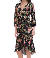 Eliza J Floral Satin V-Neck Long Sleeve High Low Flounce Hem Wrap Dress